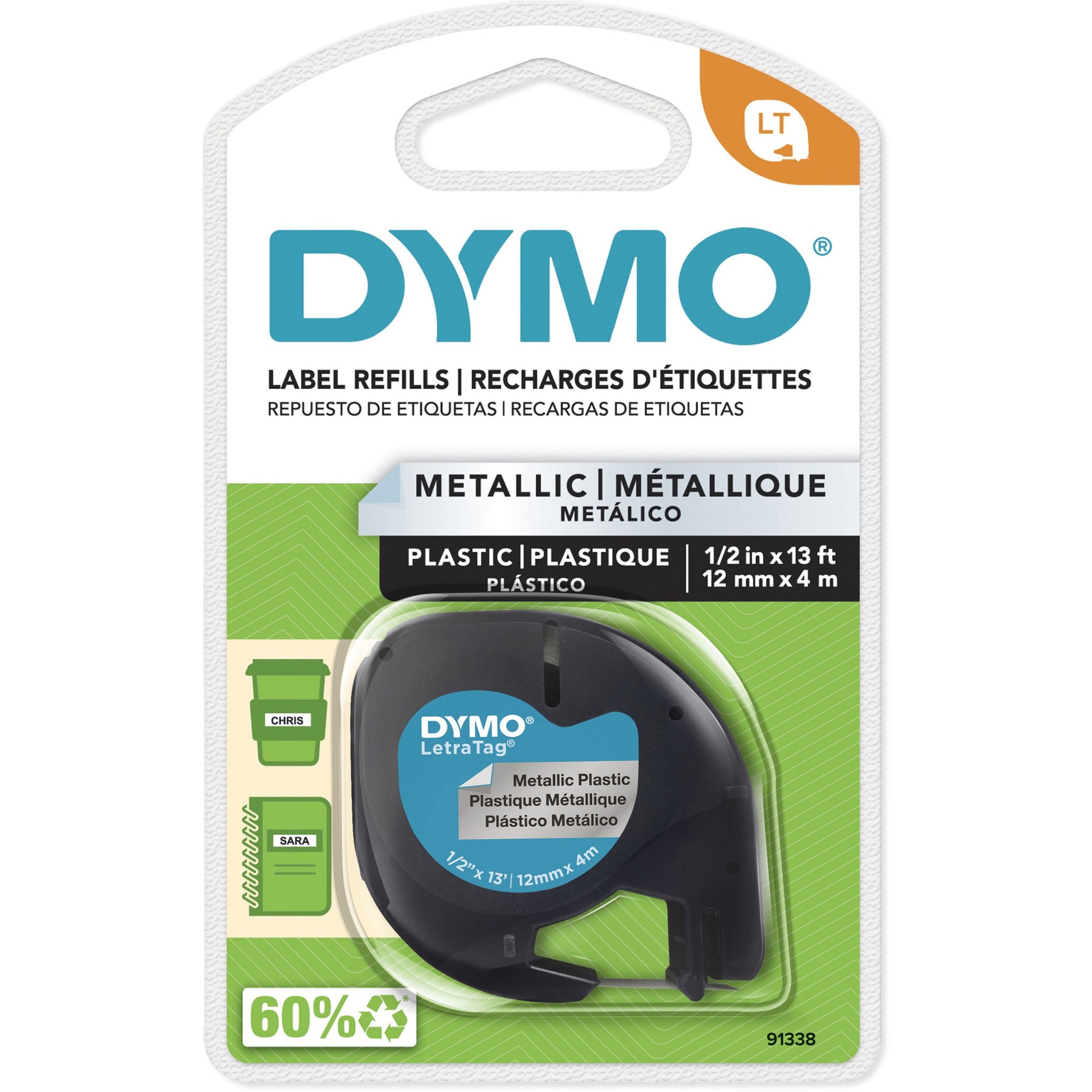 Dymo 91338 LetraTag Label Maker Tape Cartridge, 1/2"x13', Metallic Silver