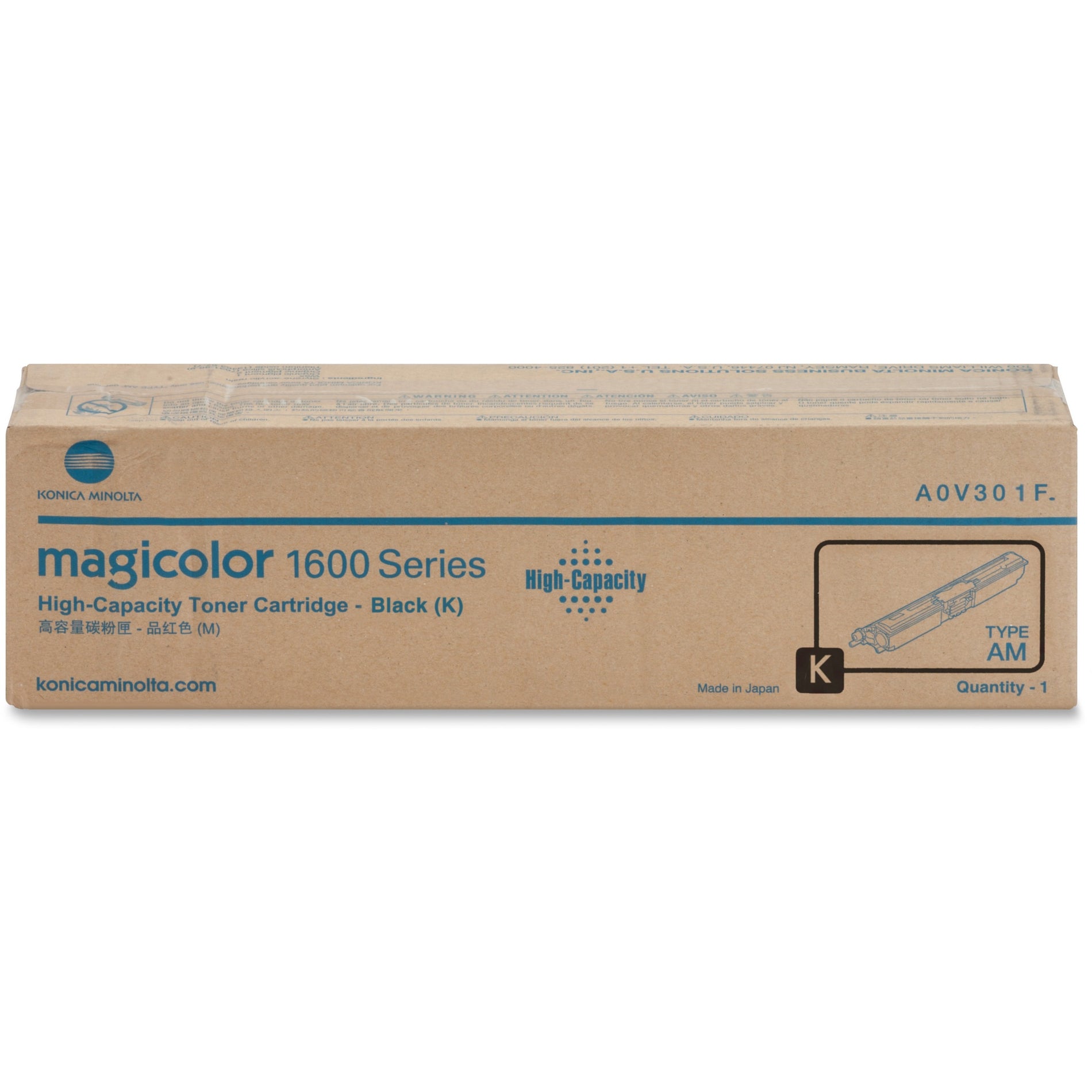 Konica Minolta magicolor 1600 Series high-capacity black toner cartridge in retail packaging showing product specifications and model number A0V301F-alternate-image1