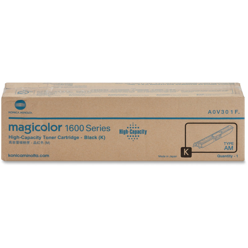 Konica Minolta magicolor 1600 Series high-capacity black toner cartridge in retail packaging showing product specifications and model number A0V301F