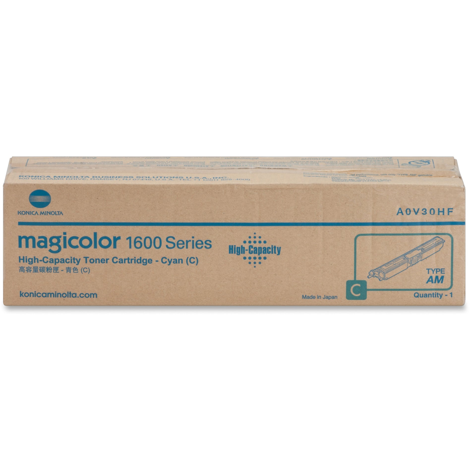 Konica Minolta MagiColor 1600 Series high-capacity cyan toner cartridge in retail packaging showing product details and specifications-alternate-image1