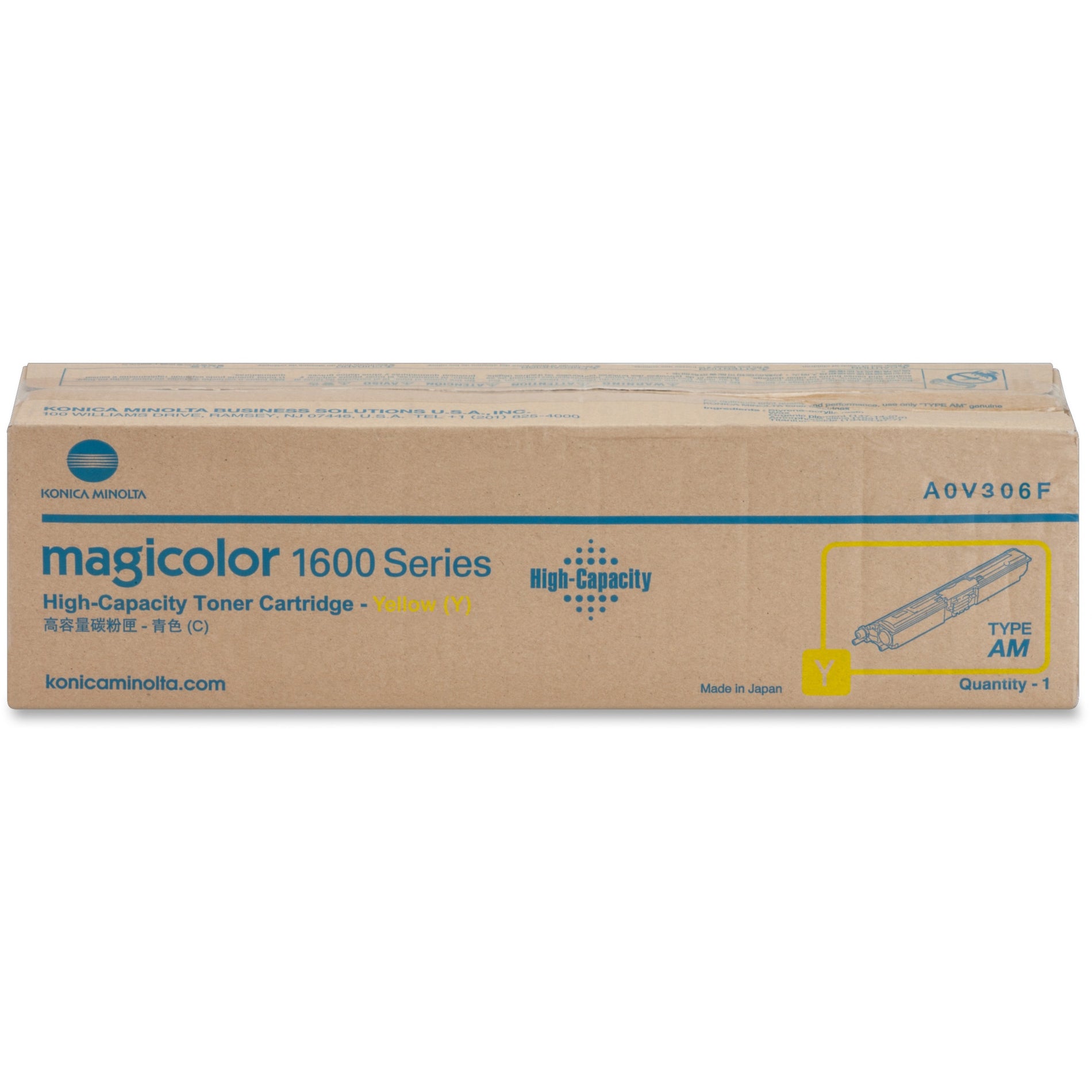 Konica Minolta MagiColor 1600 Series high-capacity yellow toner cartridge in retail packaging showing product specifications and model number A0V306F-alternate-image1