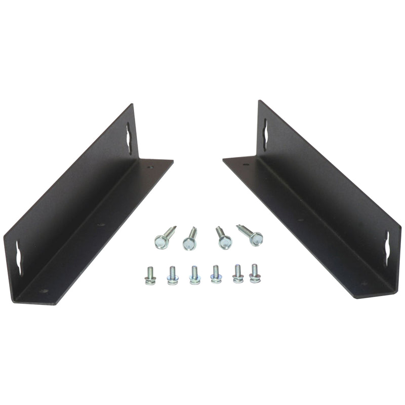 Minuteman wall mount bracket set showing two black L-shaped metal brackets with included mounting hardware and screws