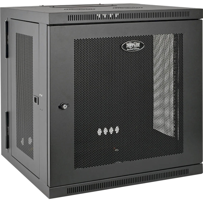 Front view of Tripp Lite SmartRack 12U wall-mount cabinet showing mesh door and ventilation design