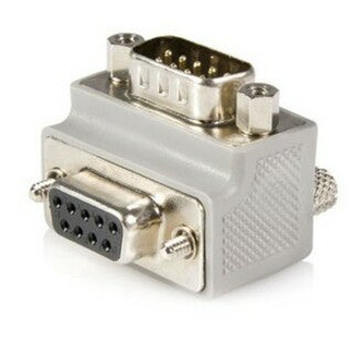 StarTech.com right angle DB9 serial adapter showing male to female connection with 90-degree bend in metallic silver finish