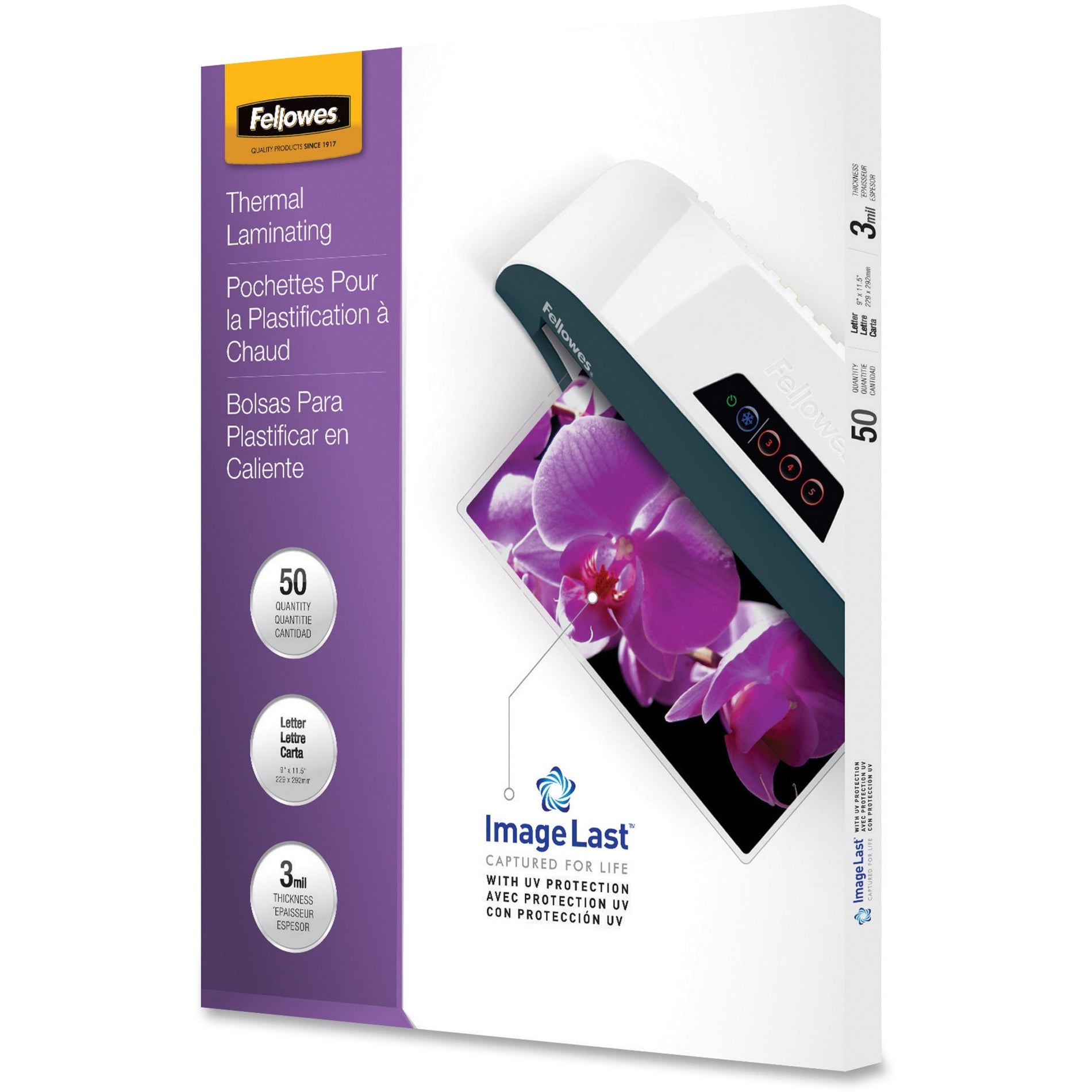 Angled view of Fellowes laminating pouches package with product details-alternate-image3