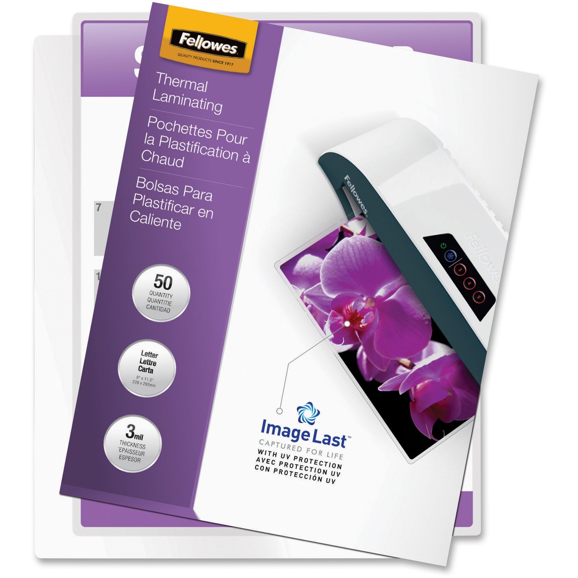 Fellowes ImageLast thermal laminating pouches package with orchid demonstration image-alternate-image1