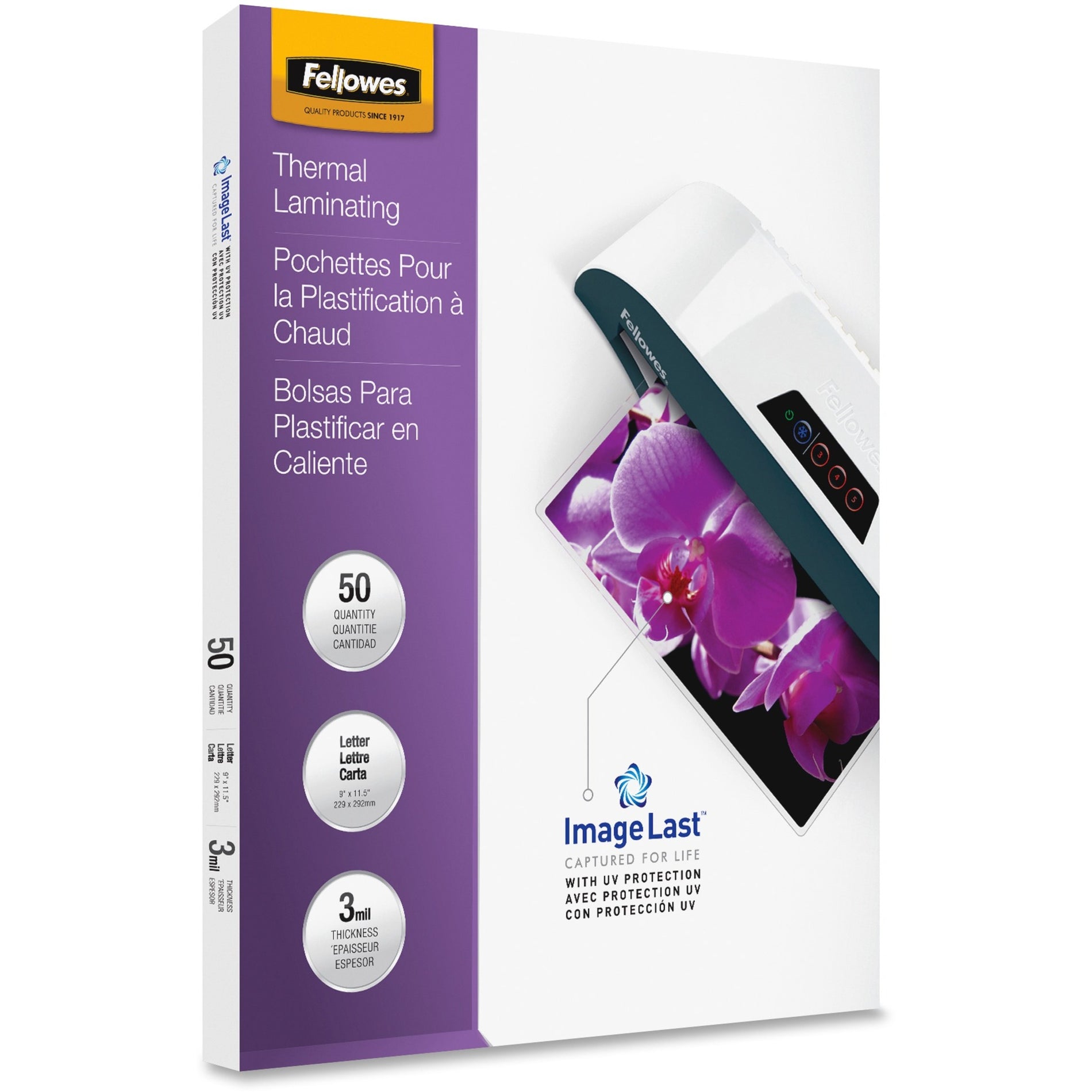 Side view of Fellowes laminating pouches package showing specifications-alternate-image2