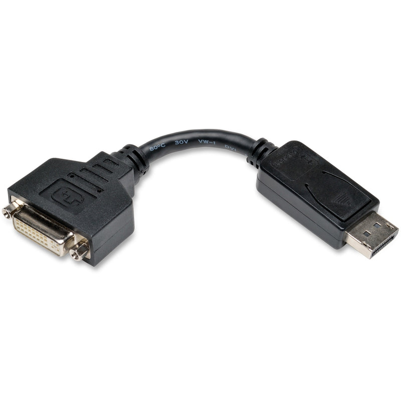 Tripp Lite DisplayPort to DVI adapter showing curved black cable design with connectors