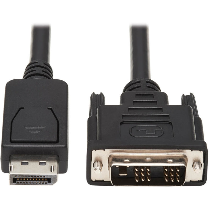 Close-up view of DisplayPort and DVI-D connectors on Tripp Lite P581-006 adapter cable showing detailed pin configuration