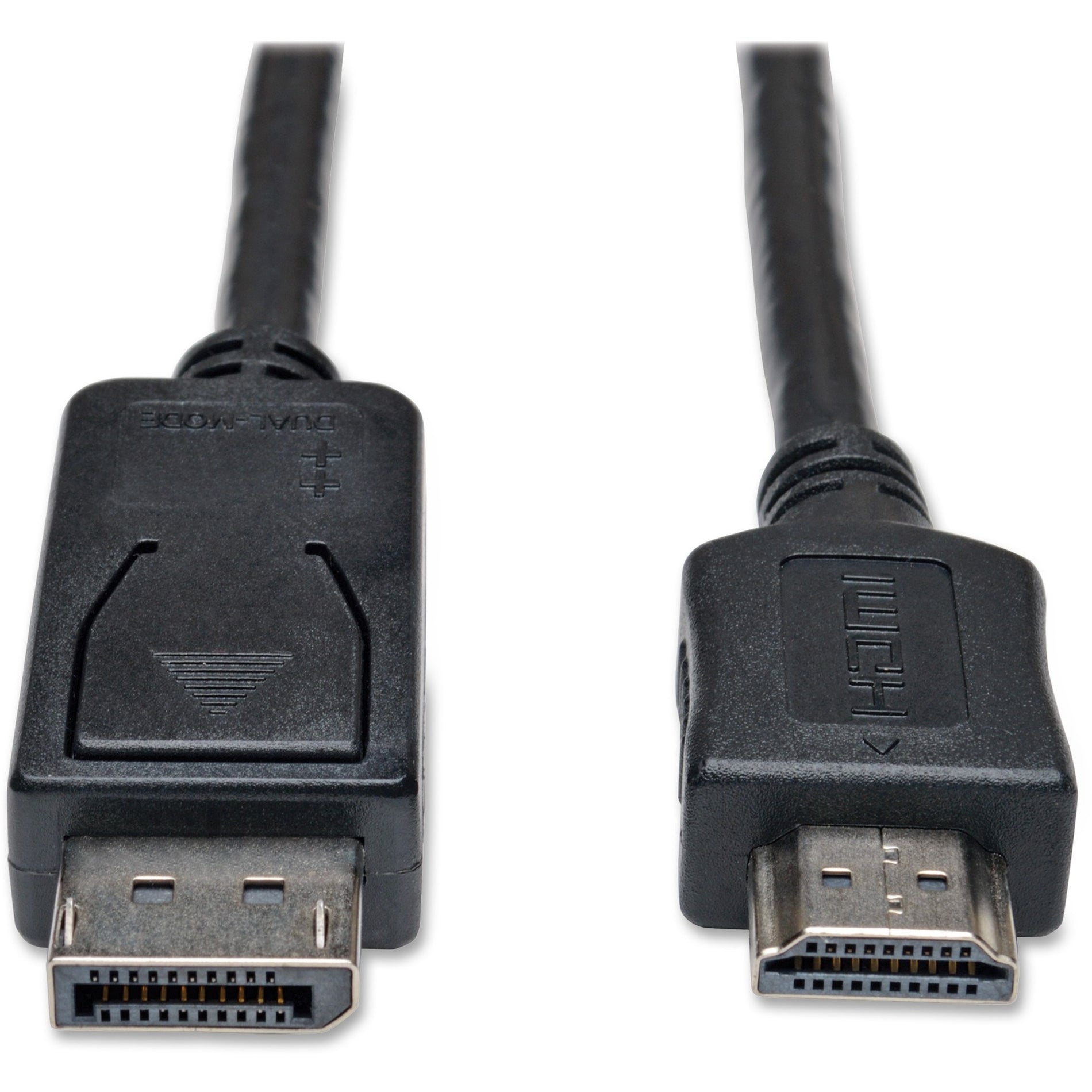 Close-up view of DisplayPort and HDMI connectors on Tripp Lite P582-006 cable showing detailed pin configuration and build quality-alternate-image1