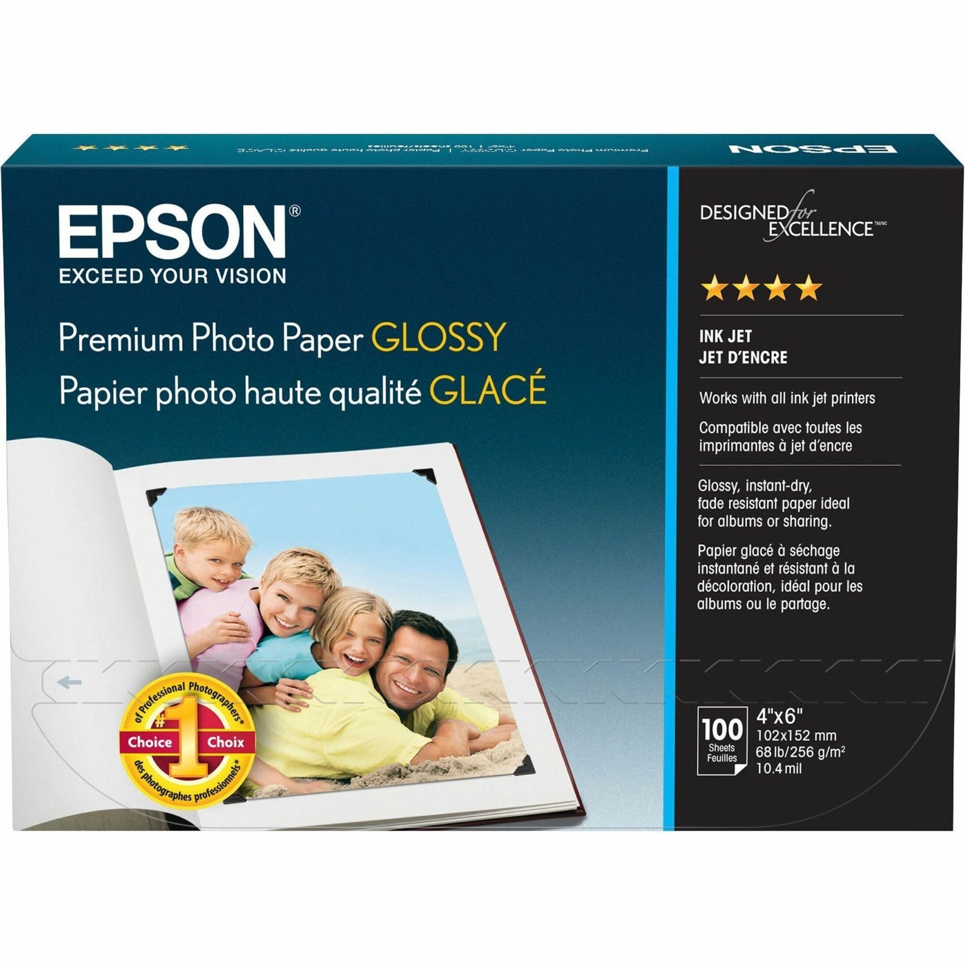 Epson S041727 Premium Photo Paper, 4"x6", 68lb, High Gloss, 100/PK, Quick Dry Surface