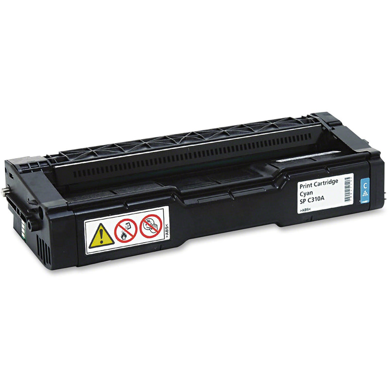 Ricoh 406345 SP C310A original cyan toner cartridge with safety labels and product identification