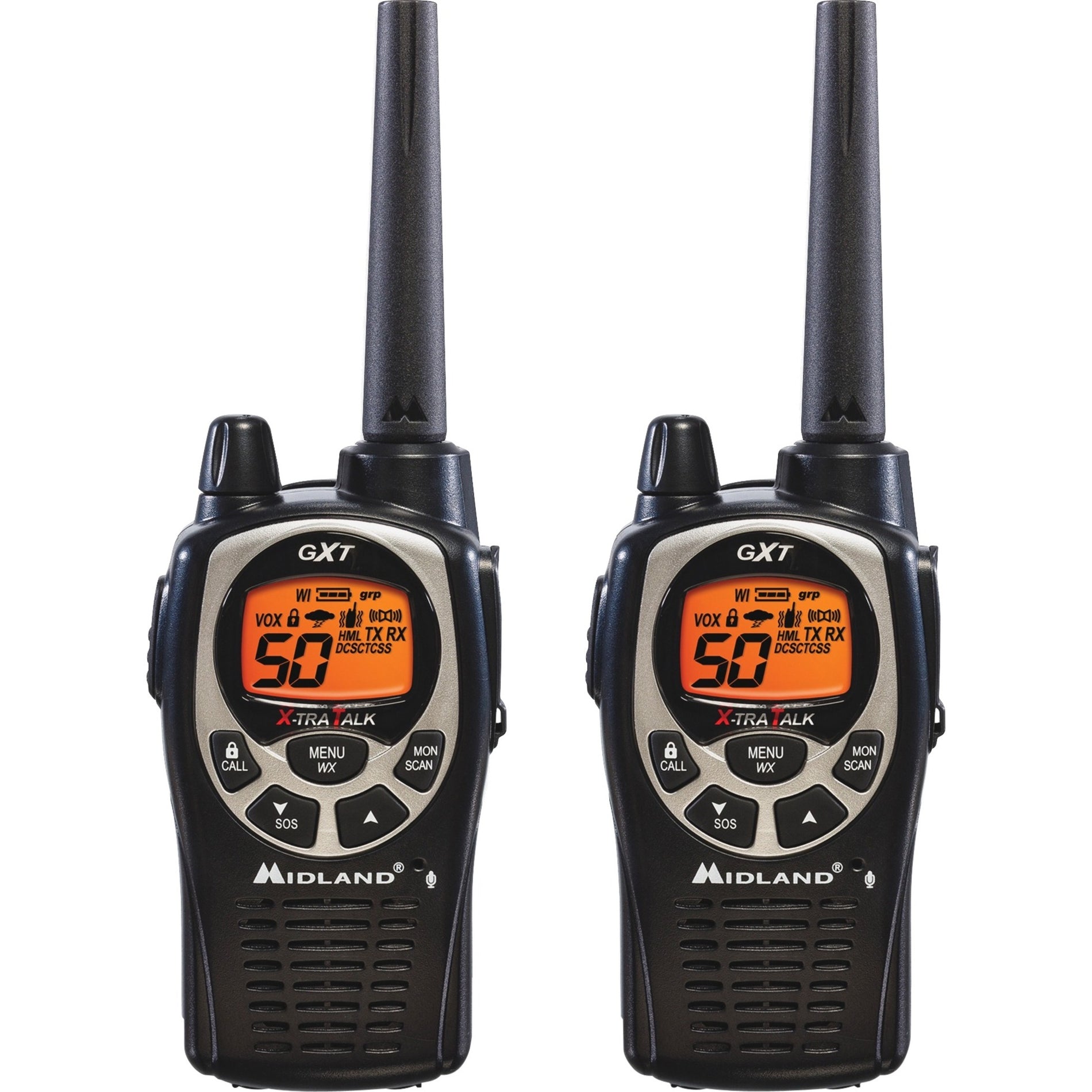 Front view of two Midland GXT1000VP4 two-way radios showing orange backlit LCD displays and control panels-alternate-image1