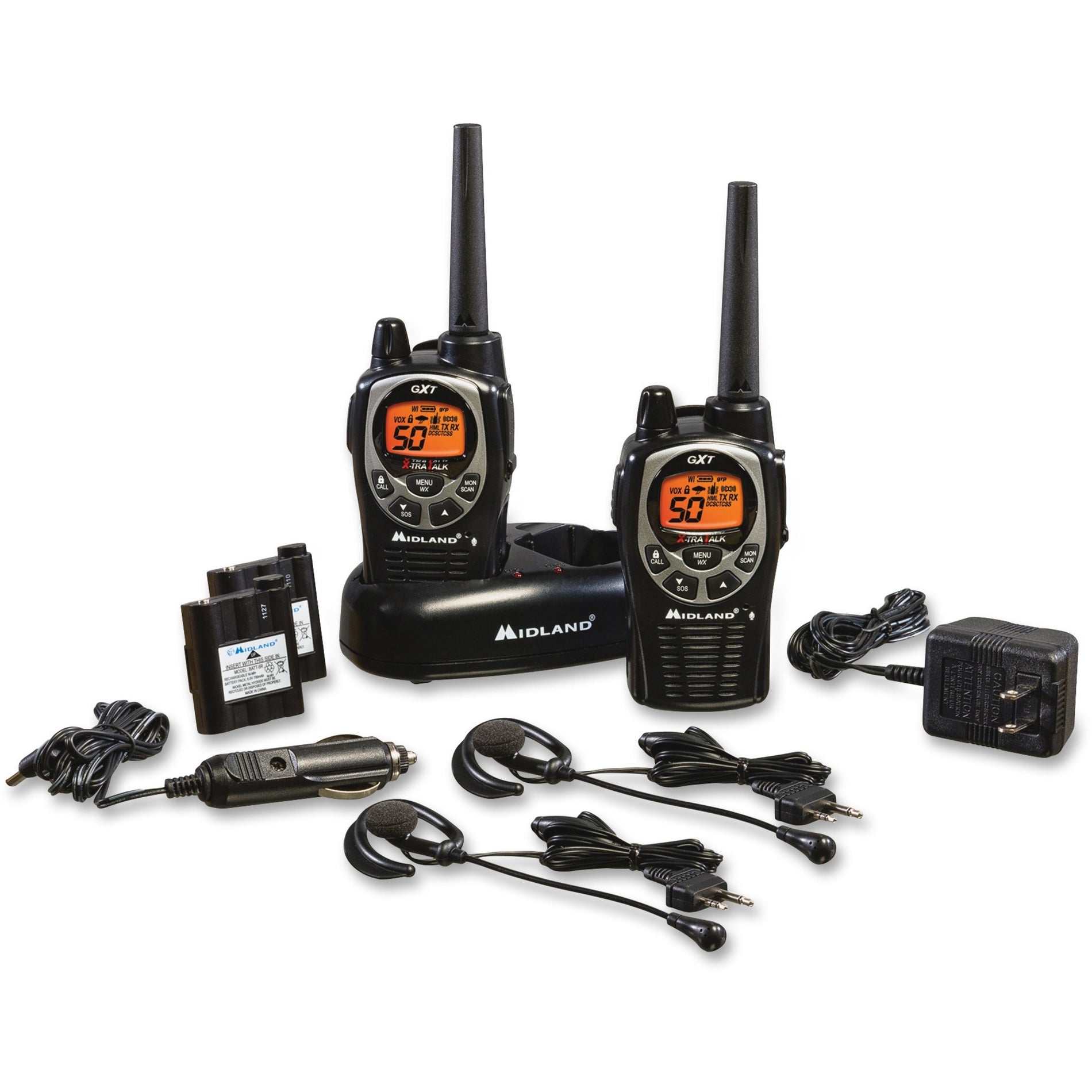 Complete Midland GXT1000VP4 radio kit showing radios and all included accessories-alternate-image7