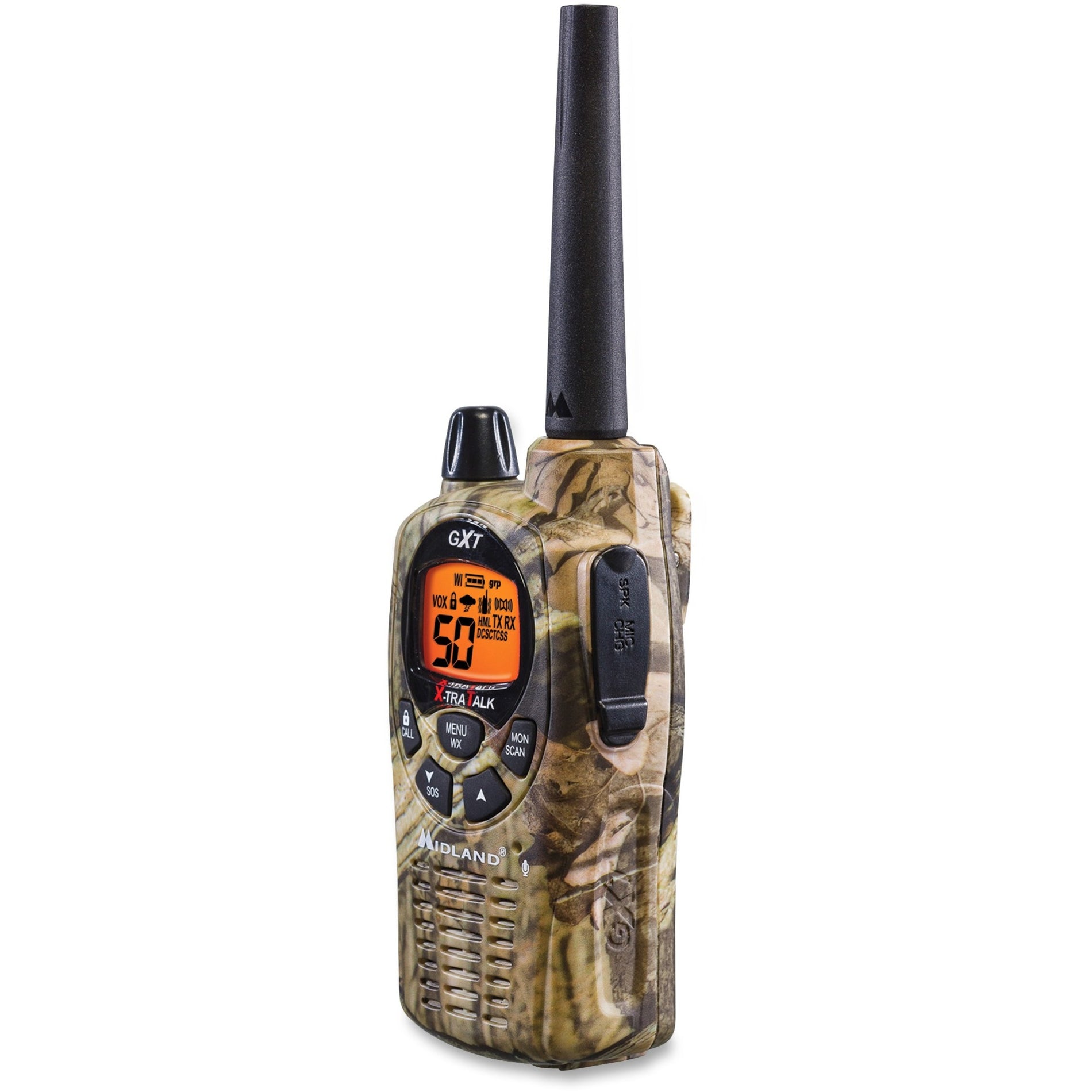 Angled view of Midland GXT1050VP4 radio showing belt clip and side controls in camouflage pattern-alternate-image4