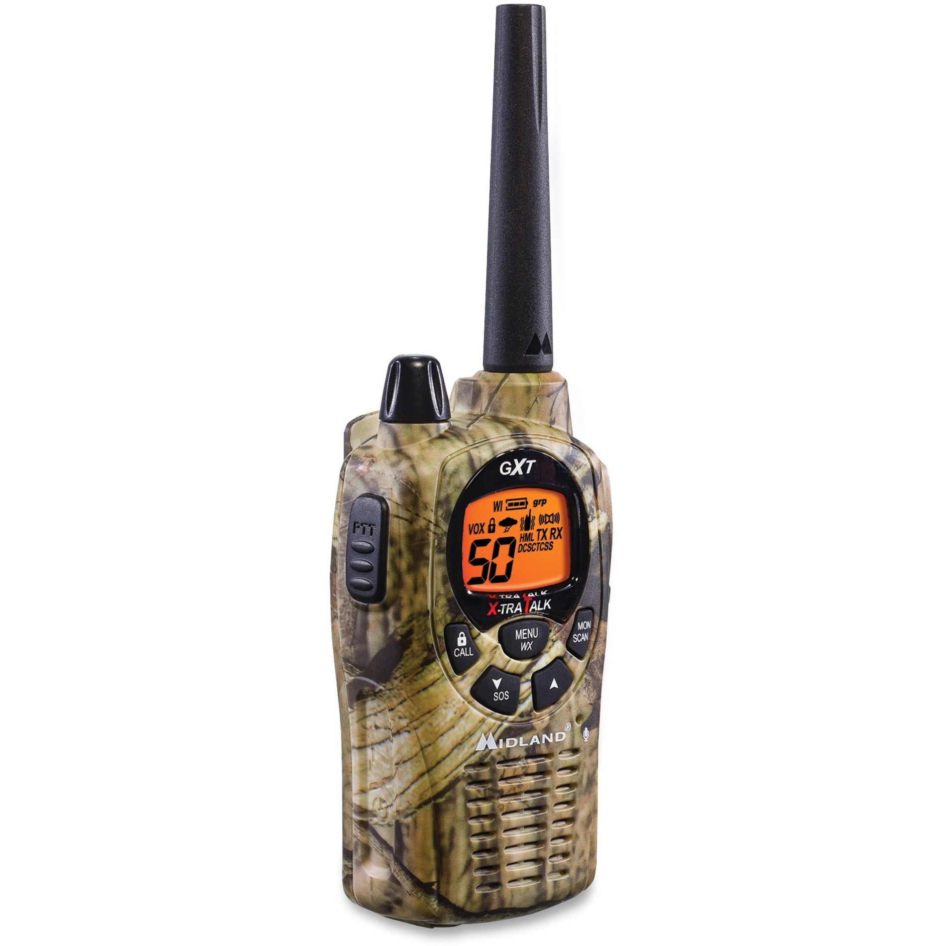 Side view of Midland GXT1050VP4 radio showing volume controls and antenna in camouflage finish-alternate-image3