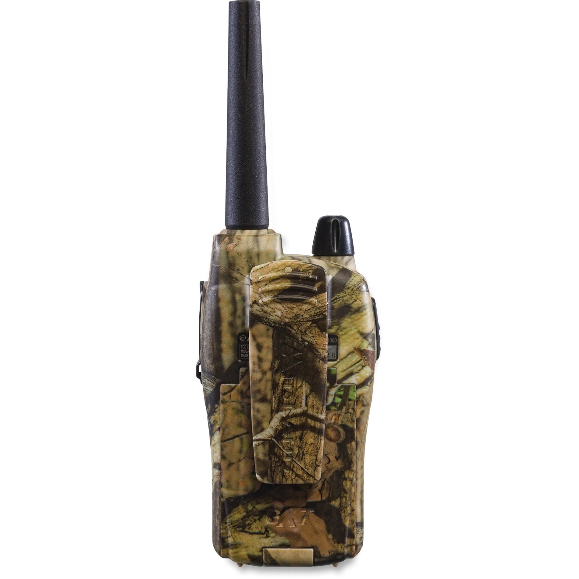 Back view of Midland GXT1050VP4 radio highlighting durability features in camouflage finish-alternate-image5