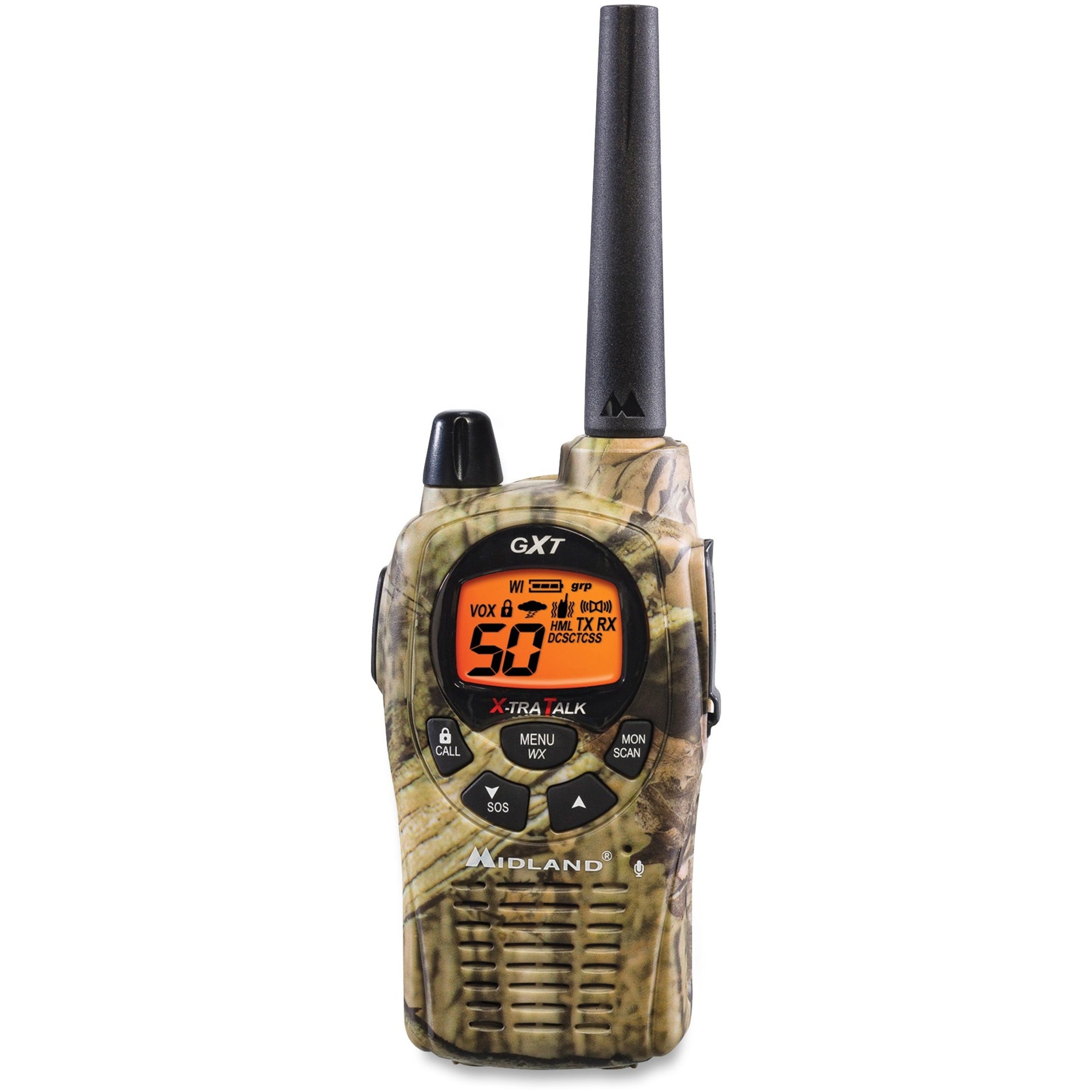 Close-up view of Midland GXT1050VP4 radio showing LCD display and control buttons in camouflage housing-alternate-image2