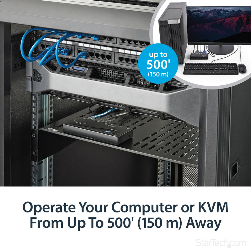 Illustration showing KVM extender's 500-foot range capability