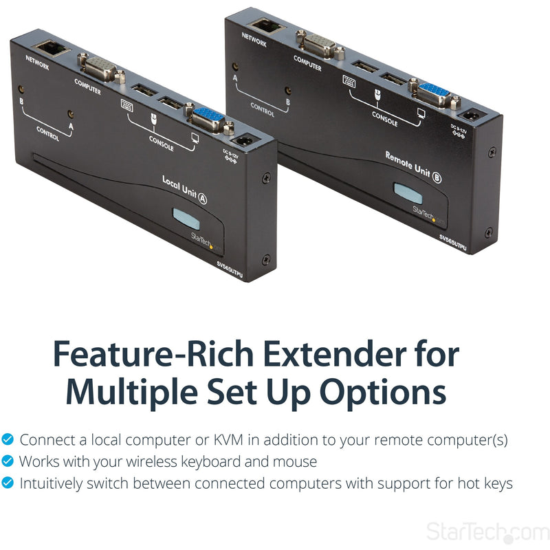 Angled view of both KVM extender units showing synchronized operation