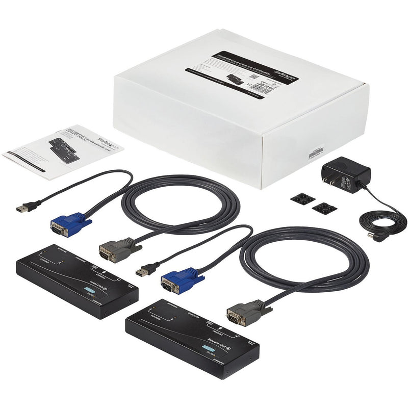 Product package contents including KVM extender units and accessories