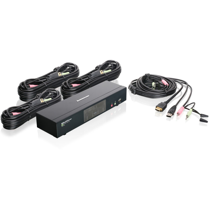 IOGEAR GCS1794 4-port HDMI KVM switch shown with included cables and accessories