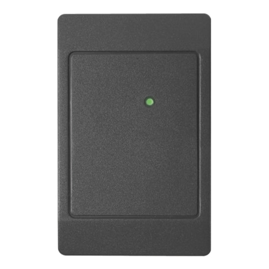 HID ThinLine II proximity card reader in charcoal gray with green LED indicator, showing sleek rectangular design with beveled edges-alternate-image1