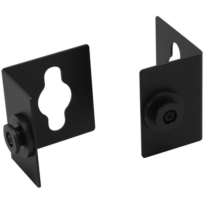 Black metal PDU mounting brackets with button-mount mechanism for 90-degree vertical installation