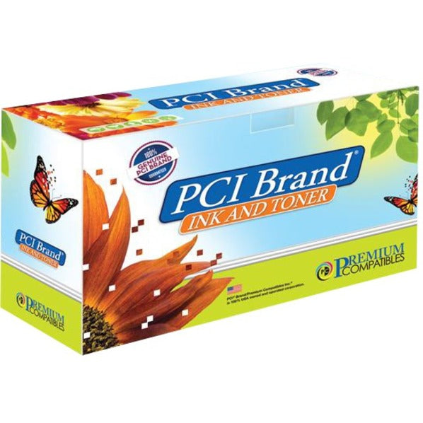 Premium Compatibles PCI Brand cyan toner cartridge box featuring natural floral design and butterfly accents