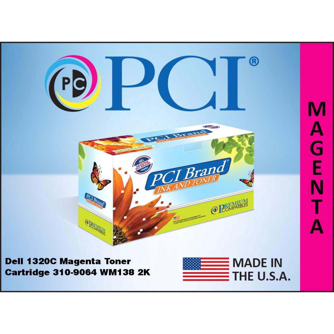 PCI Brand Dell compatible magenta toner cartridge with American flag and product details-alternate-image2