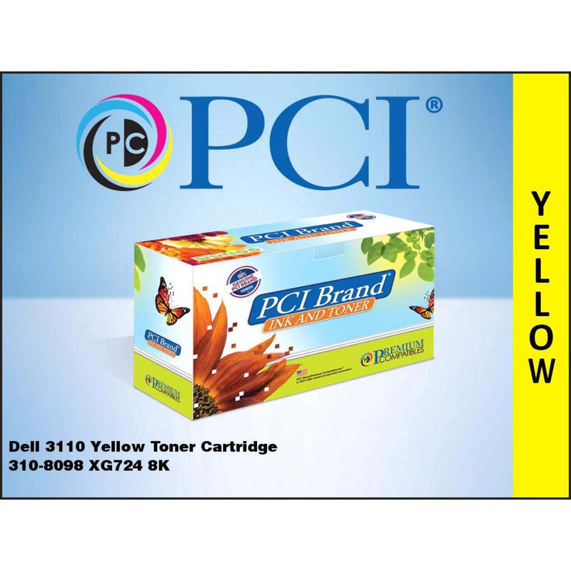 PCI Brand Dell 3110 yellow toner cartridge product image with yellow identification strip and model details