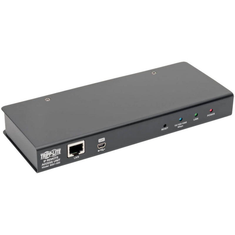 Front view of Tripp Lite B051-000 IP KVM switch showing network port, USB port, and status LED indicators