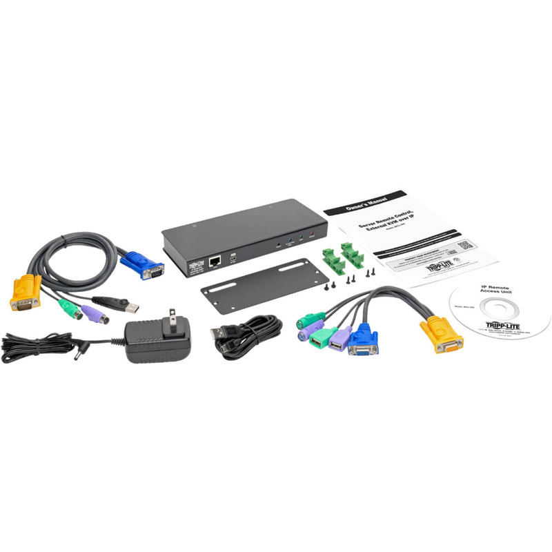 Complete package contents of Tripp Lite B051-000 IP KVM switch including cables, mounting kit, and documentation