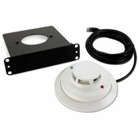 APC NetBotz smoke sensor showing white detector unit with mounting bracket and connection cable