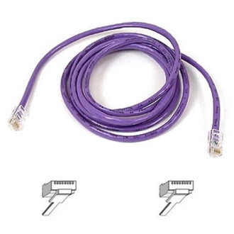 Purple Belkin Cat5e network patch cable with RJ-45 connectors and snagless moldings, coiled view