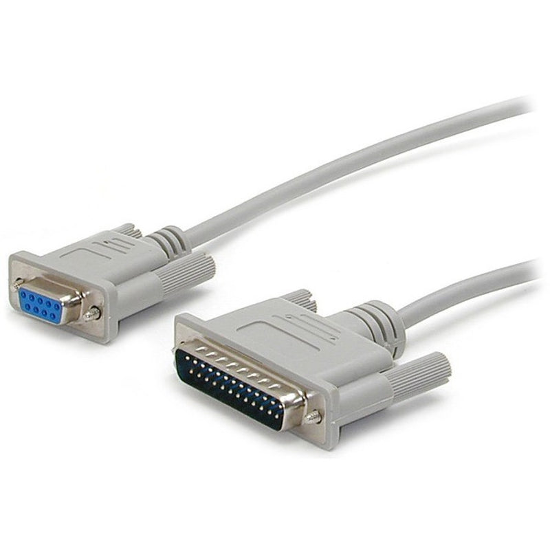 StarTech.com null modem cable showing DB9 female and DB25 male connectors with gray molded housing