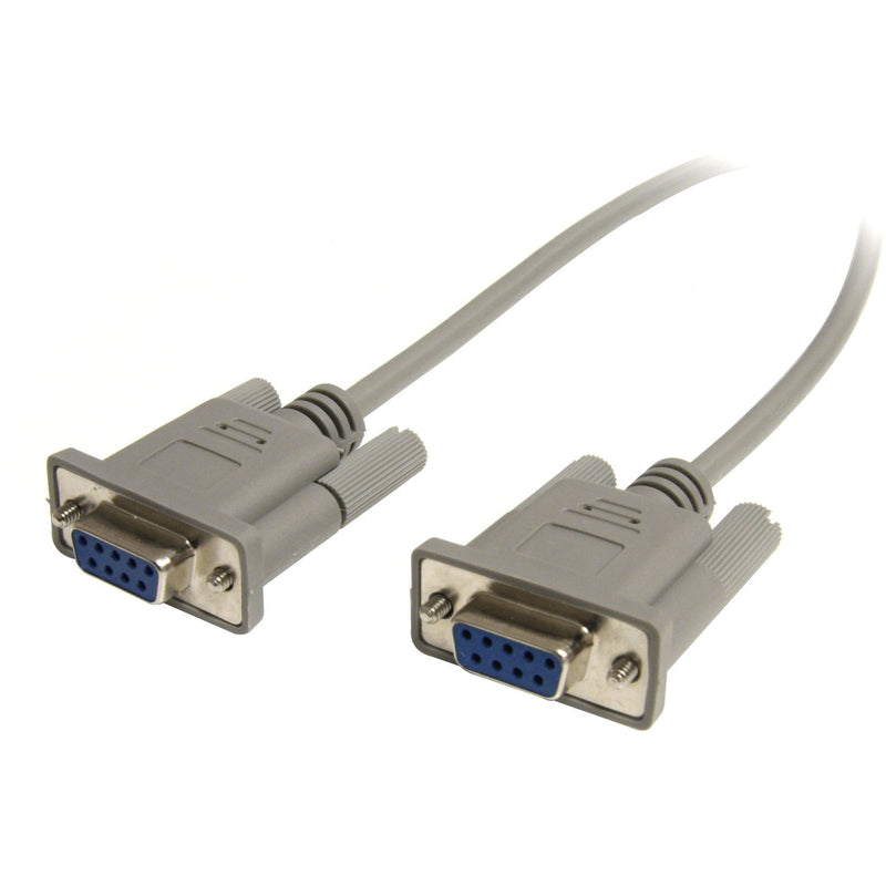 25-foot gray null modem cable with DB-9 female connectors showing both ends with blue pin configuration