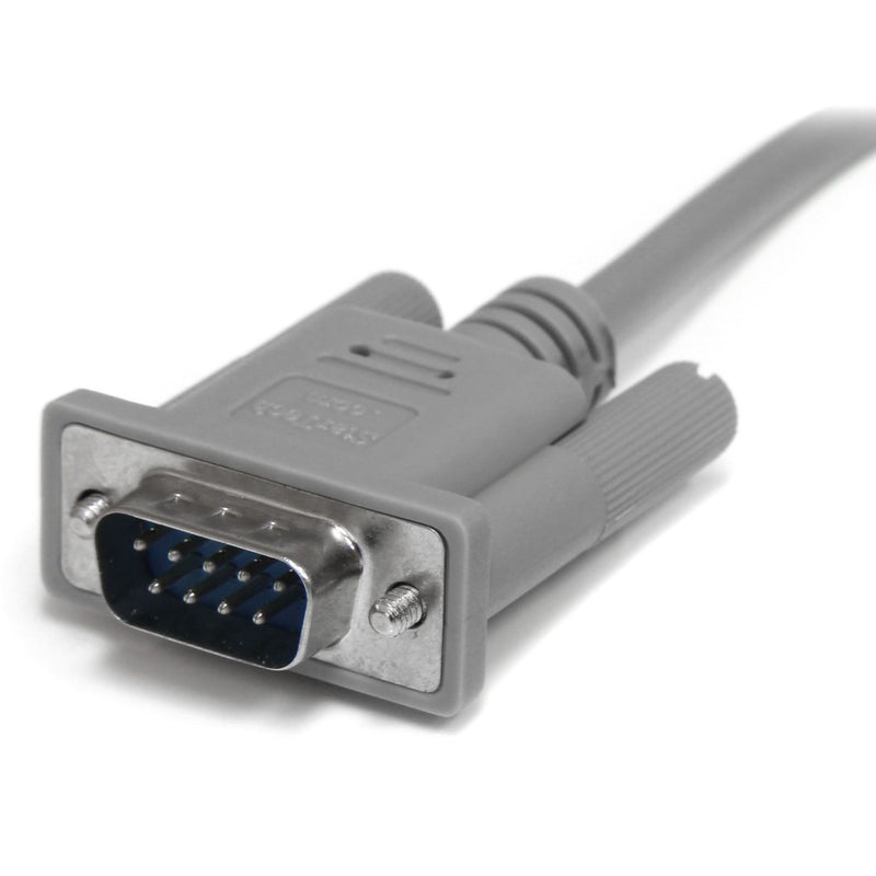 Detailed view of male DB9 connector on StarTech.com serial null modem cable