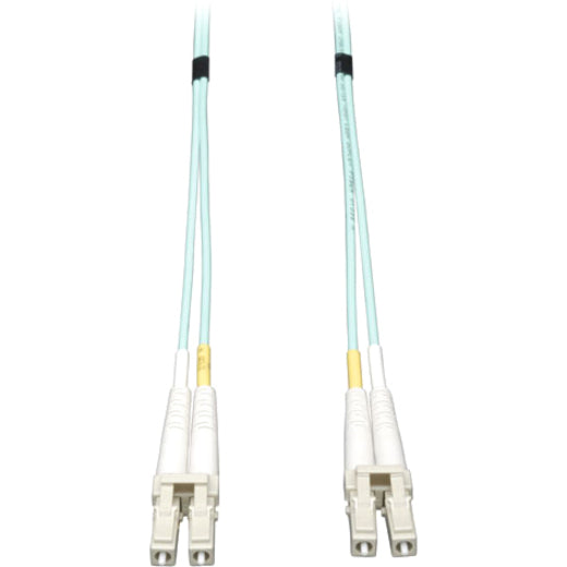 Tripp Lite N820-25M aqua duplex fiber patch cable showing LC connectors at both ends with black strain relief boots