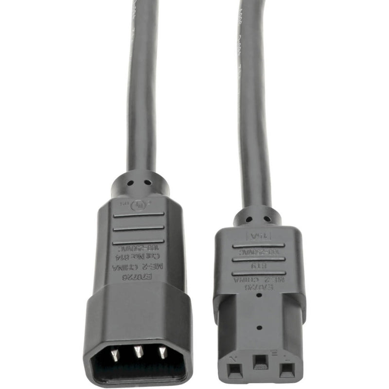 Close-up view of C13 and C14 connectors on Tripp Lite P005-002 power cable showing detailed connector construction