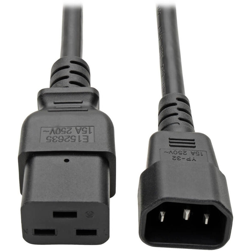 Close-up view of IEC C19 and C14 connectors on Tripp Lite P047-002 power cable