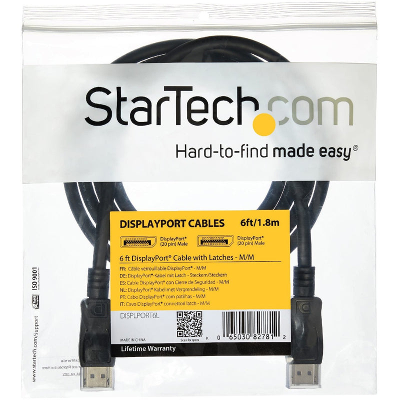 Product packaging showing StarTech.com DisplayPort cable specifications and certification