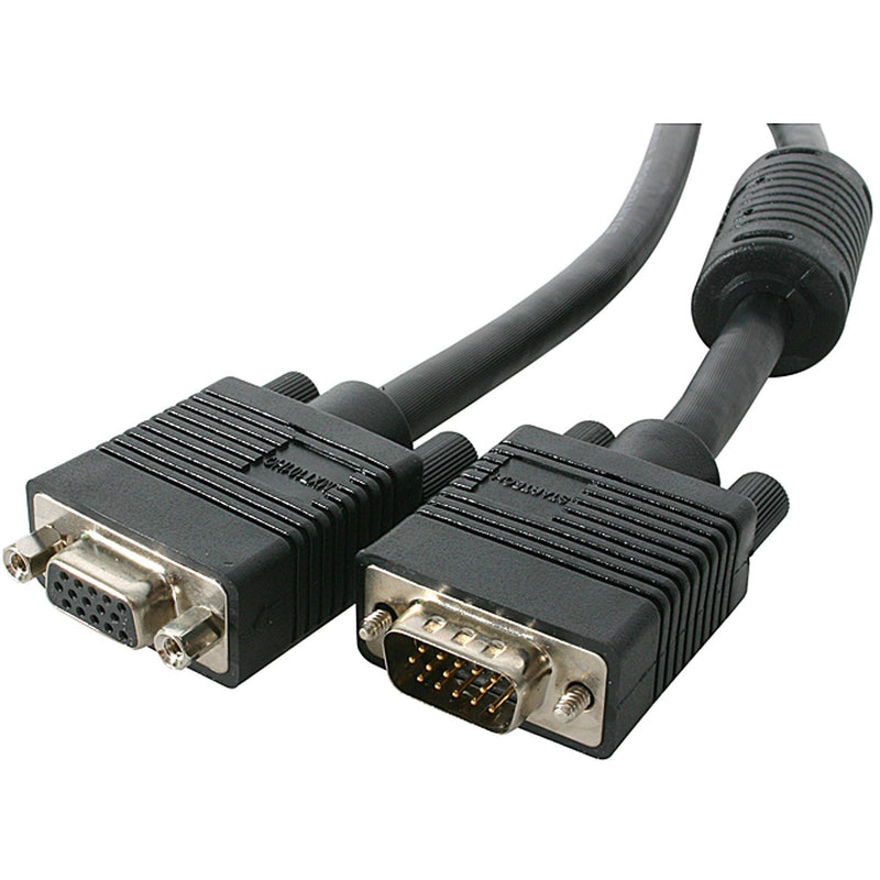 Close-up view of StarTech.com VGA extension cable connectors showing male and female HD-15 ends with strain relief