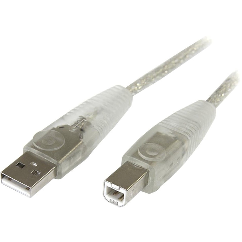 StarTech.com transparent USB 2.0 cable showing Type-A and Type-B connectors with clear housing and internal shielding