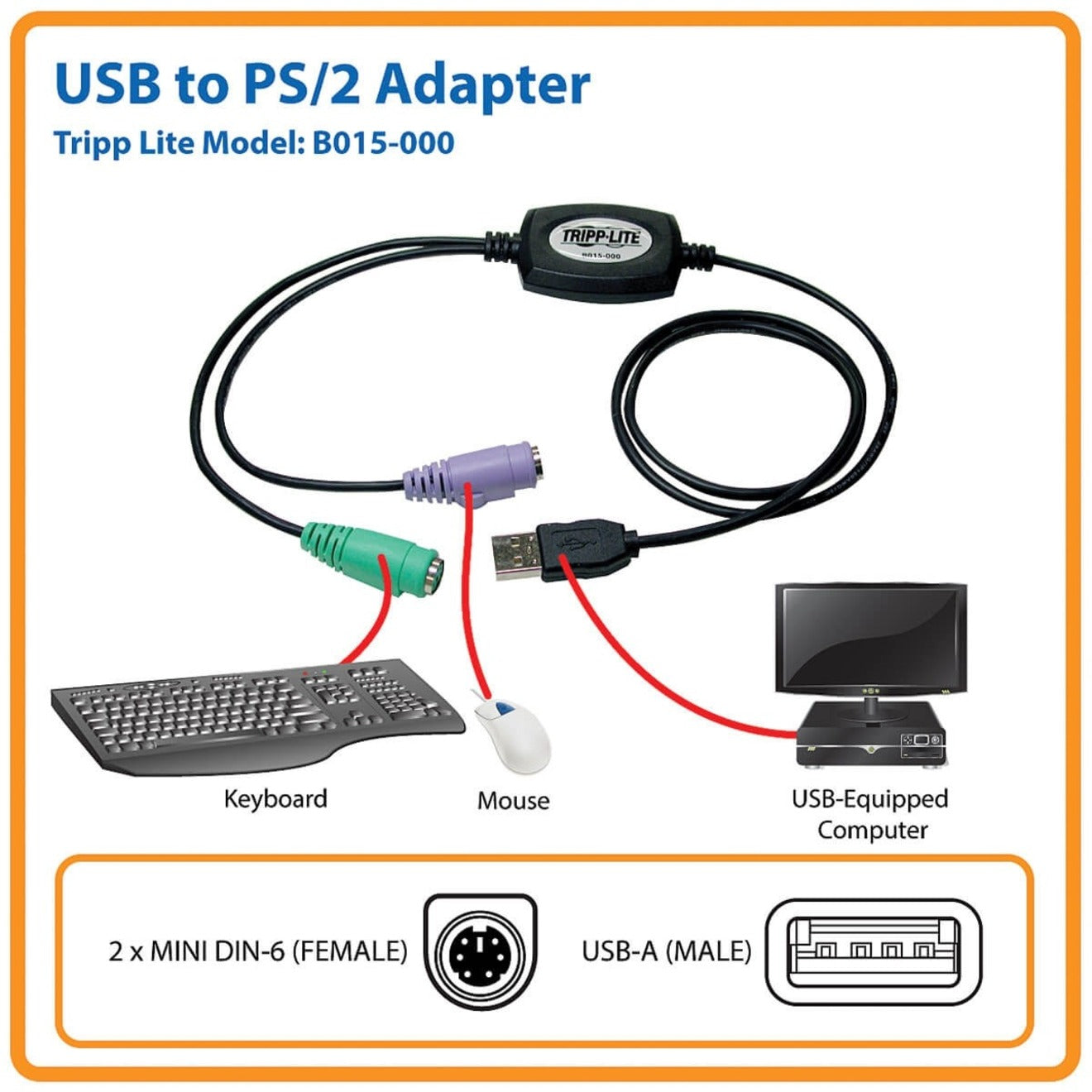 Tripp Lite B015-000 USB to PS/2 Adapter, Data Transfer Cable