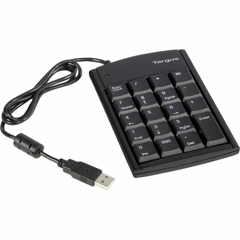 Targus PAUK10U USB numeric keypad with 19 keys and USB cable shown from top angle