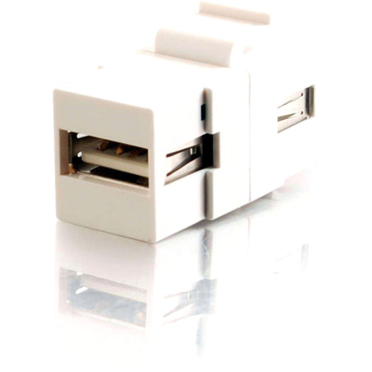 Angled view of white USB-A keystone coupler showing port detail and mounting mechanism-alternate-image2