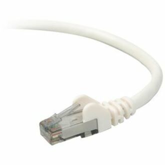 White Belkin Cat6 network cable with snagless RJ-45 connector showing transparent connector head and strain relief boot