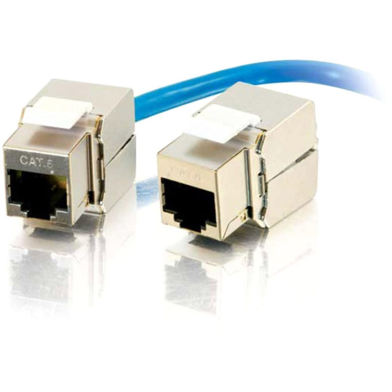 Side by side comparison of two C2G Cat6 shielded keystone jacks with blue ethernet cable