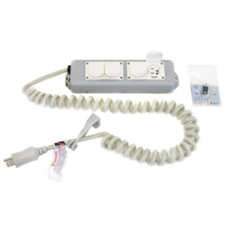 Ergotron medical-grade power strip with coiled cord, featuring 4 outlets and hospital-grade construction